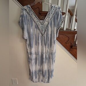 Olivaceous Beaded V-Neck Dress in Light Blue & White- Size S/M